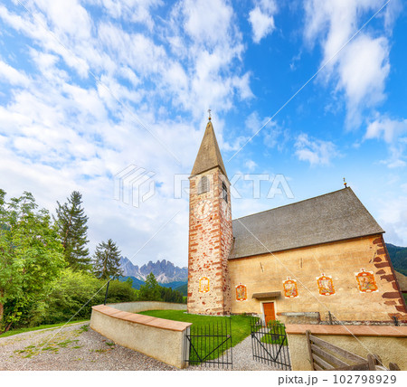 Fabulous scene of magnificent Santa Maddalena village in Dolomites. 102798929
