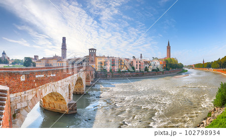 Amazing Verona cityscape view on the riverside with historical buildings ,bridges and tower 102798934