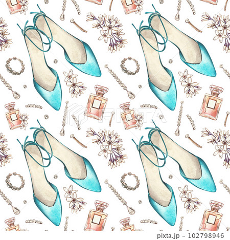 Seamless pattern shoes, sunglasses, jewelry, perfume bottle, flowers isolated on white. Watercolor handrawn illustration Seamless pattern shoes, sunglasses, jewelry, perfume bottle, flowers isolated on white. Watercolor handrawn illustration 102798946