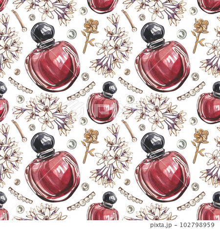 Seamless pattern glass perfume bottle with pearl hairpin, flower isolated on white. Watercolor hand drawing illustration 102798959