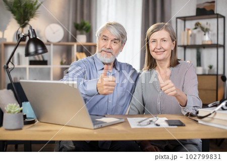 Senior husband and wife showing thumbs up gesture at work 102799831