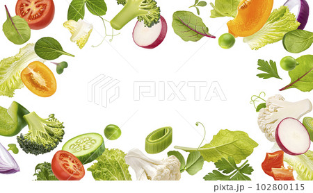 Frame of fresh vegetables, lettuce leaves, healthy ingredients for detox 102800115