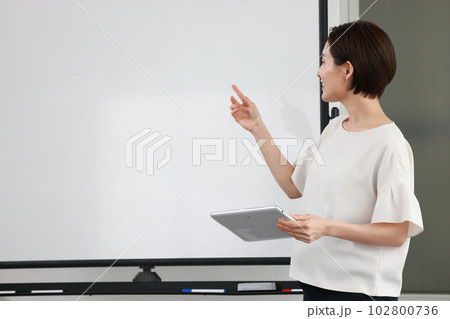 ホワイトボードを指さしして説明するビジネスウーマン1 ホワイトボードを指さしして説明するビジネスウーマン1 102800736