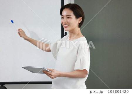 ホワイトボードを指さしして説明するビジネスウーマン3 102801420