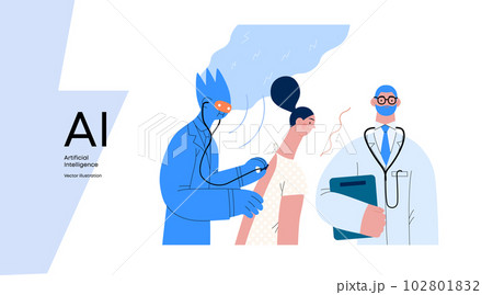 Artificial intelligence, Medicine -modern flat vector concept illustration of AI auscultating patient with stethoscope. Human doctor nearby. Metaphor of AI advantage, superiority and dominance concept Artificial intelligence, Medicine -modern flat vector concept illustration of AI auscultating patient with stethoscope. Human doctor nearby. Metaphor of AI advantage, superiority and dominance concept 102801832