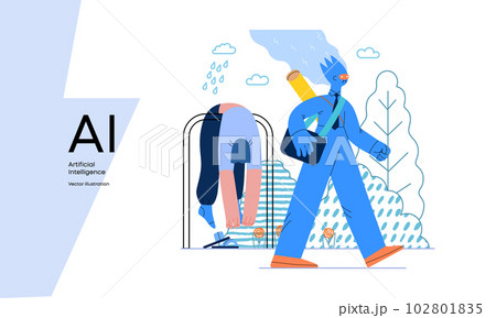 Artificial intelligence illustration. Job -modern flat vector concept illustration -AI going to work instead of human, upset woman stays home. AI metaphor, advantage, superiority and dominance concept 102801835