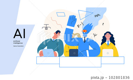 Artificial intelligence illustration. Studies -modern flat vector concept illustration of a group of students in the class. AI metaphor, advantage, superiority and dominance concept 102801836
