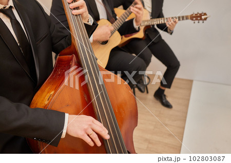 Concert view of a contrabass violoncello player with vocalist and musical band during jazz orchestra band performing music, violoncellist cello jazz player on stage. Concert view of a contrabass violoncello player with vocalist and musical band during jazz orchestra band performing music, violoncellist cello jazz player on stage. 102803087