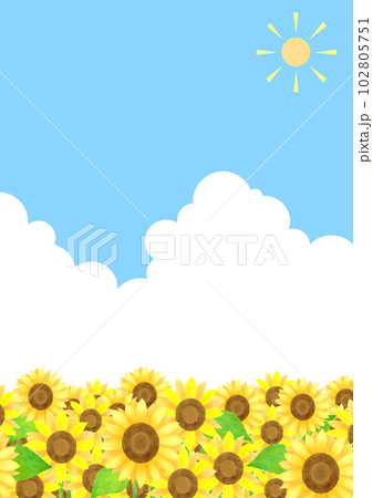 たくさんのひまわりと青い空と太陽と白い雲の夏っぽいイラスト たくさんのひまわりと青い空と太陽と白い雲の夏っぽいイラスト 102805751