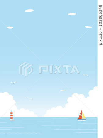 飛ぶカモメやヨットが浮かぶ海の背景イラスト_5_縦 飛ぶカモメやヨットが浮かぶ海の背景イラスト_5_縦 102806349