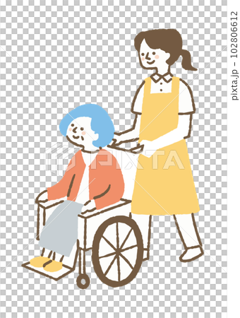 A caregiver woman pushing a wheelchair _ color A caregiver woman pushing a wheelchair _ color 102806612