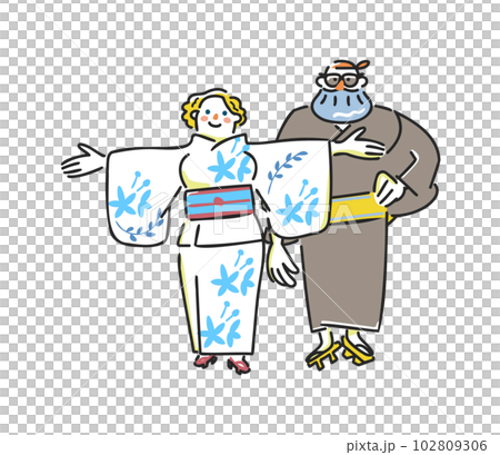 日本的夏季傳統穿著浴衣的外國遊客情侶快樂入境插畫素材 102809306