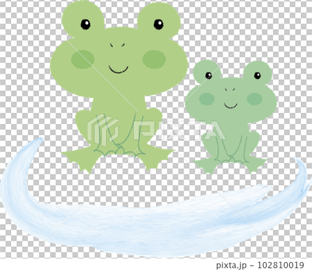 水たまりに座るカエルの親子 102810019