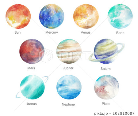 水彩で描いた太陽、地球、惑星のイラストセット　挿絵　背景イラスト 102810087