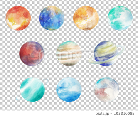 水彩で描いた太陽、地球、惑星のイラストセット　挿絵　背景イラスト 102810088