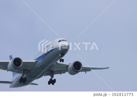 空の旅　青空に上昇する旅客機 102811775