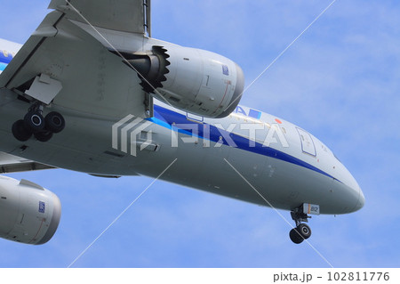 空の旅　青空に上昇する旅客機 102811776