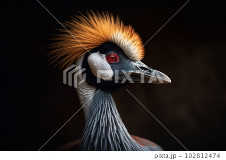 Image of grey crowned crane head. Birds. Wildlife Animals. Illustration. Generative AI. 102812474