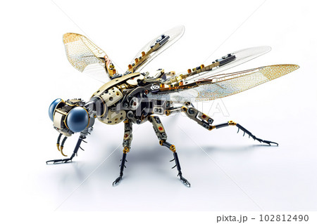 Image of a dragonfly modified into a electronics robot on a white background. Insect. Illustration, Generative AI. Image of a dragonfly modified into a electronics robot on a white background. Insect. Illustration, Generative AI. 102812490