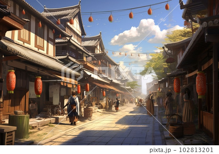 和風の街並み背景イラスト,Generative AI AI画像のイラスト素材