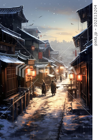 和風の街並み背景イラスト,Generative AI AI画像 和風の街並み背景イラスト,Generative AI AI画像 102813204