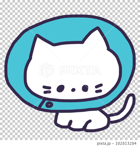 Illustration of a cute white kitten wearing an Elizabethan collar 102813284