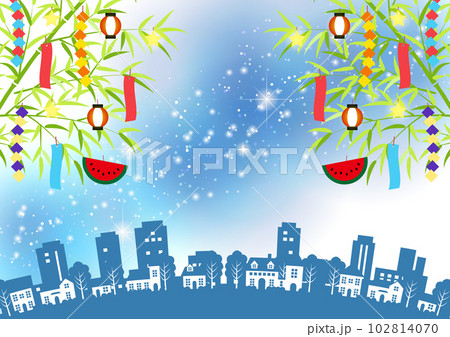 キラキラ天の川と両脇七夕飾りの七夕の街並みヨコ キラキラ天の川と両脇七夕飾りの七夕の街並みヨコ 102814070