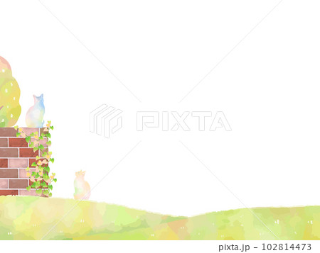 メルヘンで可愛い猫のいるナチュラルガーデンのフレーム背景イラスト メルヘンで可愛い猫のいるナチュラルガーデンのフレーム背景イラスト 102814473