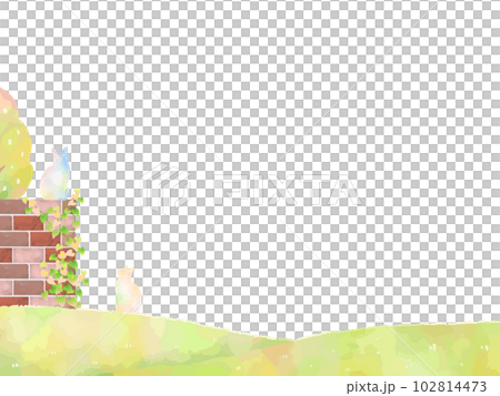 Frame background illustration of a natural garden with a cute cat in a fairy tale 102814473