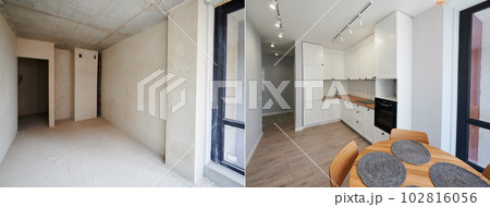 Modern apartment before and after restoration or refurbishment. Comparison of old kitchen room and new place with parquet floor, table, kitchen counter, stove and white walls. Home renovation concept. 102816056