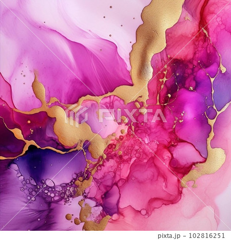 アルコールインクアート風のピンクと紫の流動体に金色の装飾。正方形