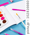 Top view of a flat work desk lies a notebook with blank sheets and stationery. Template for women's blogs in social networks 102816660