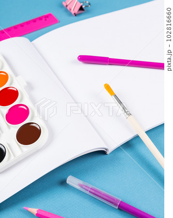 Top view of a flat work desk lies a notebook with blank sheets and stationery. Template for women's blogs in social networks 102816660