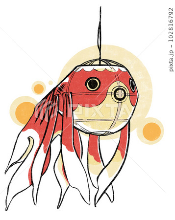 光の列を背景に光を灯す金魚ちょうちん 版画風 光の列を背景に光を灯す金魚ちょうちん 版画風 102816792