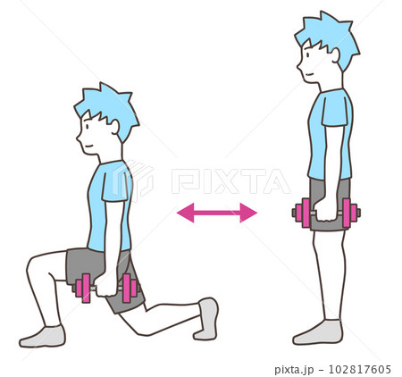 ダンベルを持ってフロントランジで下半身の筋トレをする男性、エクササイズ、シンプル ダンベルを持ってフロントランジで下半身の筋トレをする男性、エクササイズ、シンプル 102817605