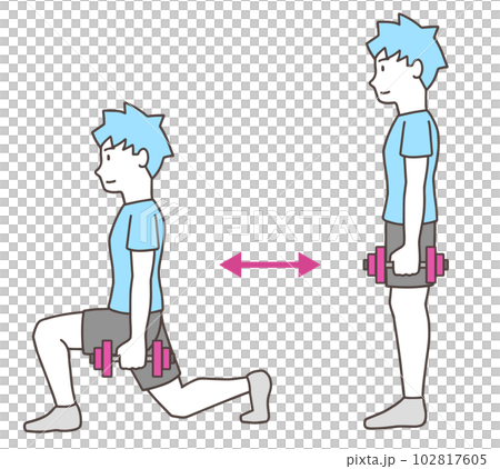 ダンベルを持ってフロントランジで下半身の筋トレをする男性、エクササイズ、シンプル ダンベルを持ってフロントランジで下半身の筋トレをする男性、エクササイズ、シンプル 102817605