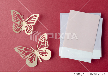 The Blank notes paper for your text or message and paper butterfly on red background. 102817673