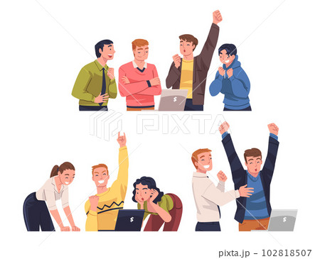 Lucky People Character Celebrating Success and Victory Looking at Laptop Screen Vector Set Lucky People Character Celebrating Success and Victory Looking at Laptop Screen Vector Set 102818507