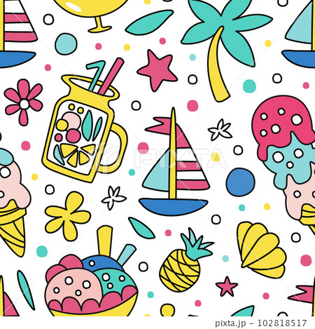 Colorful Summer Vacation Design with Doodle Object Vector Seamless Pattern Template 102818517