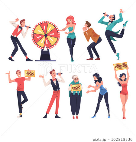 Happy People Character Cheering about Lottery Winning Gaining Lump Sum Vector Illustration Set 102818536