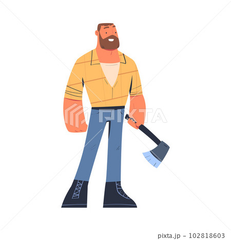 Bearded Man Logger or Lumberjack in Checkered Shirt with Axe Vector Illustration Bearded Man Logger or Lumberjack in Checkered Shirt with Axe Vector Illustration 102818603
