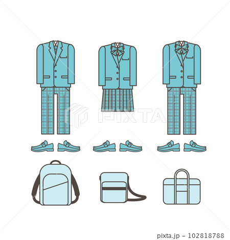 学生服や学生カバン　アイコン　シンプルなイラストセット素材 102818788