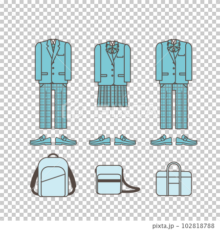 学生服や学生カバン　アイコン　シンプルなイラストセット素材 102818788