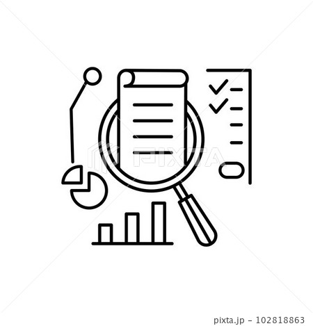 Increase income icon with thin line magnifier and doc. outline trend stroke lineart web element for graphic design. simple pictogram for paperwork or finance plan or tax policy statistic with summary 102818863