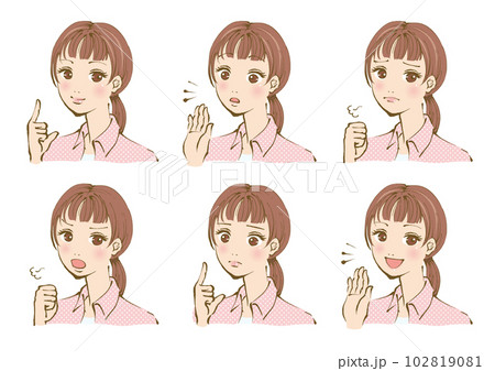 6パターンの表情のピンクのシャツの女性 6パターンの表情のピンクのシャツの女性 102819081