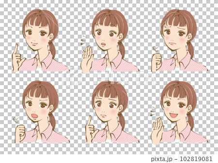 6パターンの表情のピンクのシャツの女性 6パターンの表情のピンクのシャツの女性 102819081