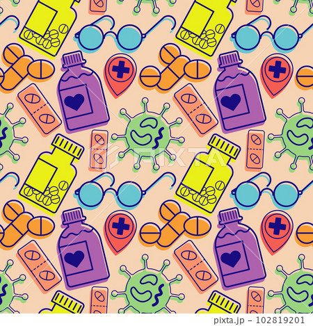 medical pattern with elements of pills, virus, glasses, bottle and geo location 102819201