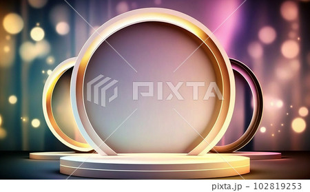 Empty Display podium on blurred fantasy background for product presentation. Generative AI. Empty Display podium on blurred fantasy background for product presentation. Generative AI. 102819253