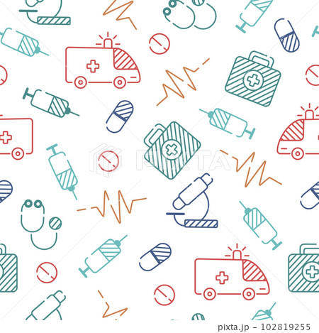 Seamless pattern with colored outline icons medicine ambulance injections Seamless pattern with colored outline icons medicine ambulance injections 102819255