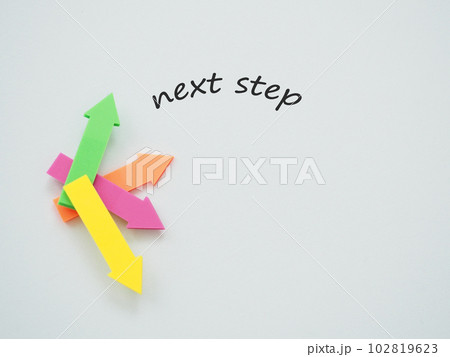 色々な方向を向いた矢印とネクストステップの文字、コピースペース 102819623